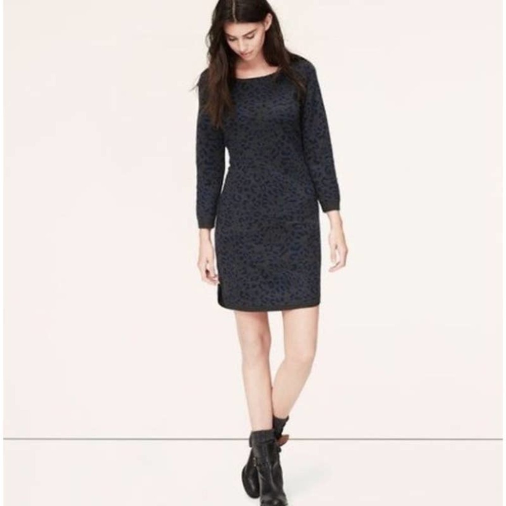 LOFT Petites Gray & Blue Leopard Animal Print Wool 3/4 Sleeve Knit Sweater Dress